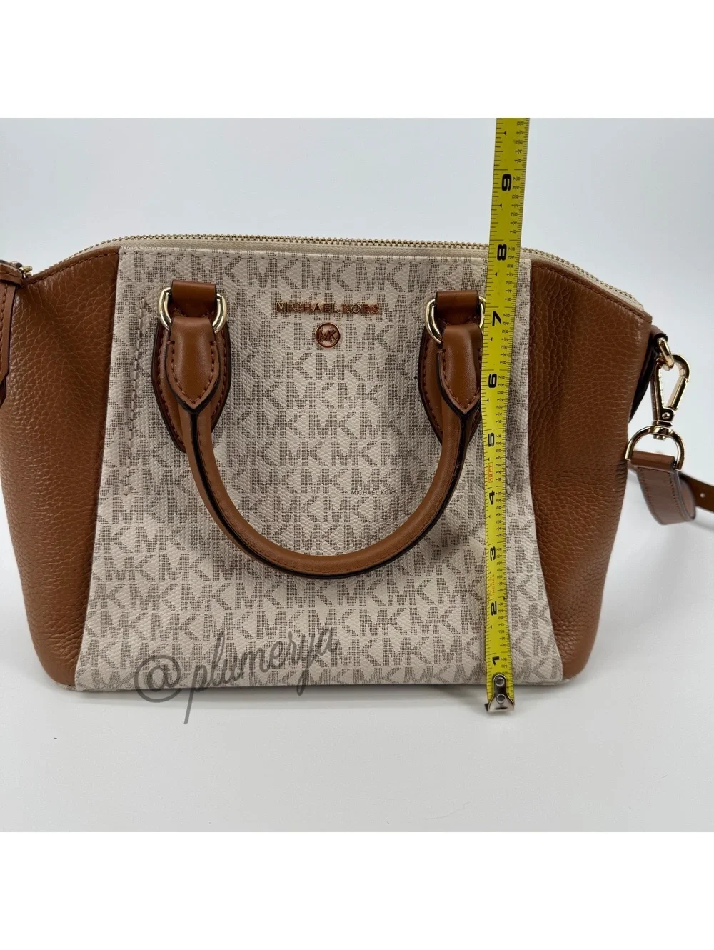 Michael Kors Women's Signature MK Monogram Satchel Crossbody Handbag Brown Gold